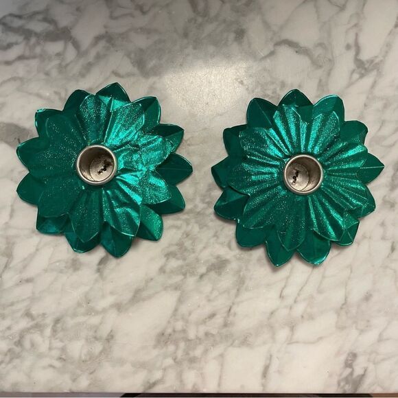 Pair of Vintage Tin Foil Metallic Green Candlestick Holders - Picture 1 of 4